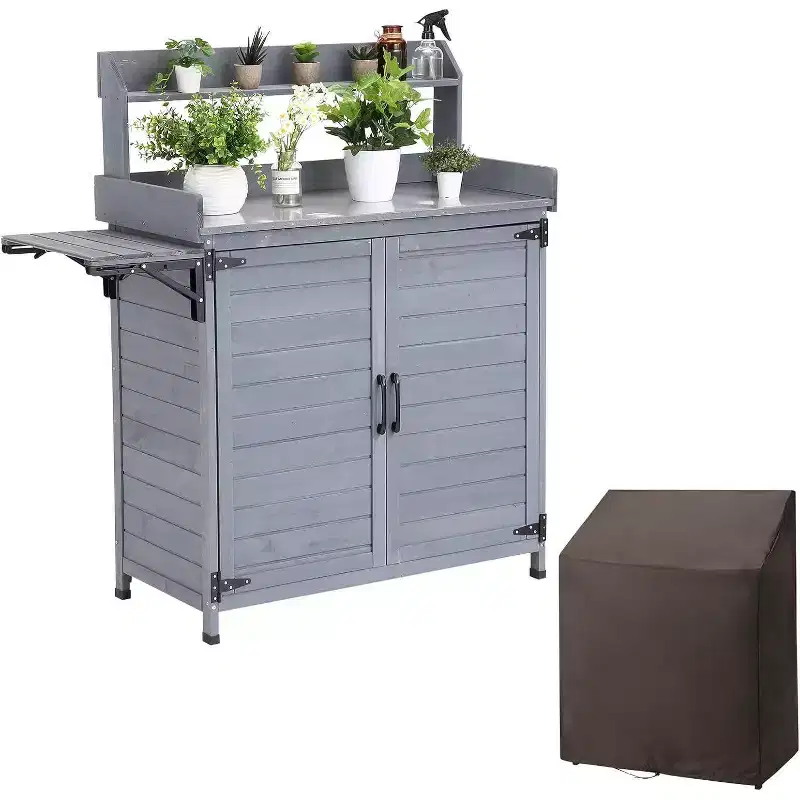 Acekool Solid Wood Potting Bench - Outdoor Gardening Table with Metal Top, Storage Cabinet & Cover for Planting Tools