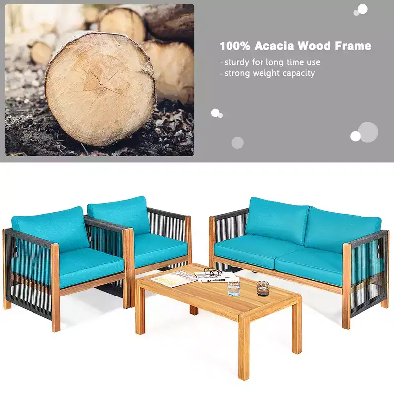 Costway 4PCS Wooden Patio Furniture Set Cushioned Sofa W/Rope Armrest White\Turquoise\Red