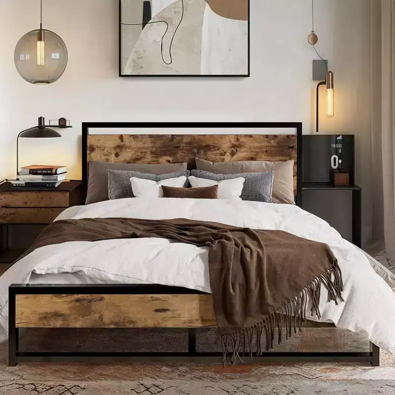 Metal Bed Frame with Rustic Headboard & Footboard, No Box Spring Needed