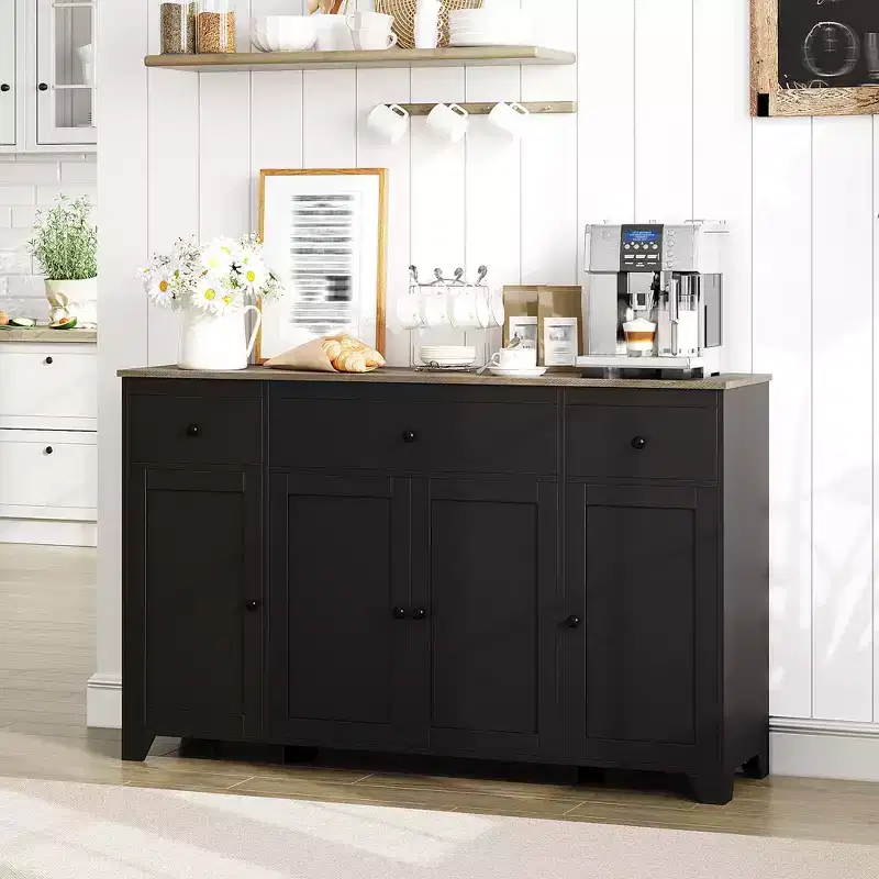 55 Sideboard Buffet Cabinet with 3 Drawers & 4 Doors, Adjustable Shelf Kitchen Storage Console for Dining Room Living Room