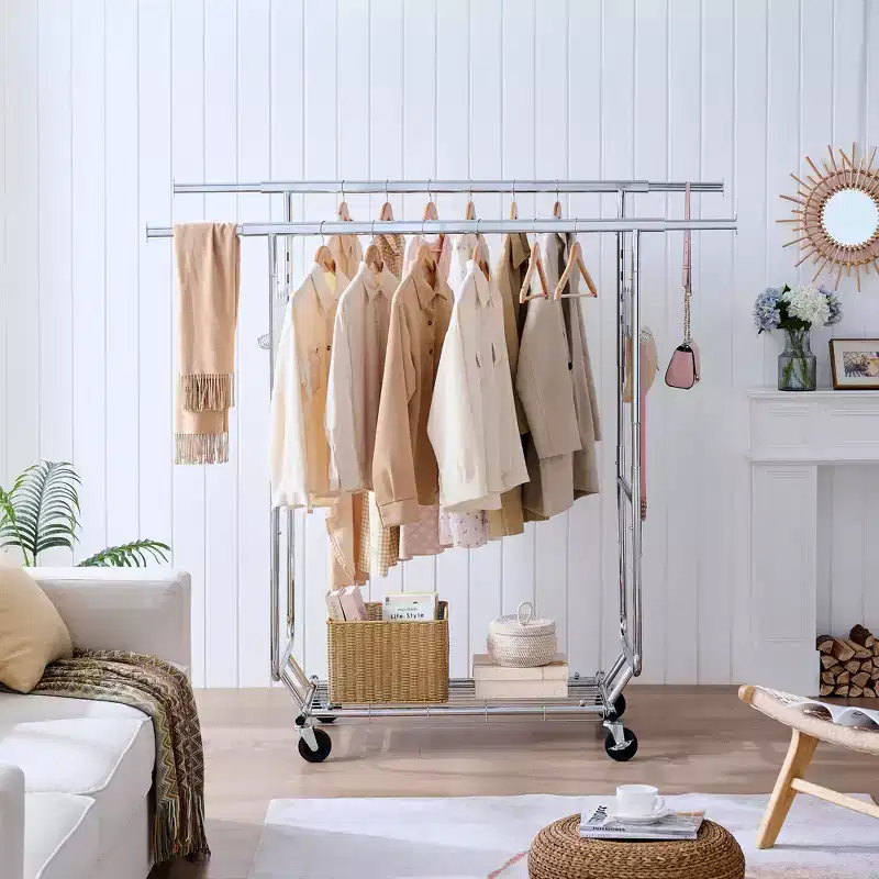 Double Storage Rack with Shelves, Freestanding Coat Rack On Wheels with Collapsible Design, Hall Tree for Living Room, Bedroom, Silver