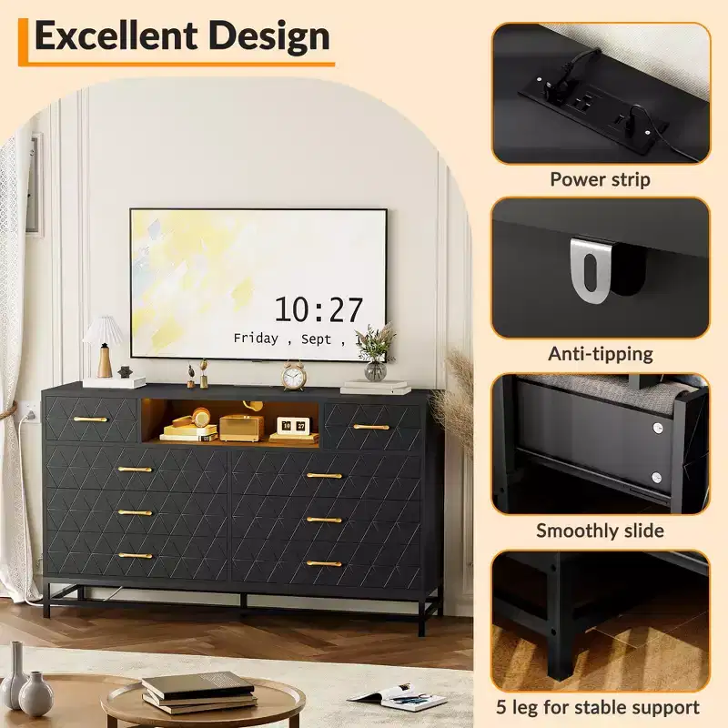 Storage cabinet, wooden five-drawer chest that doubles as a 55-inch TV stand with LED lighting, suitable for living rooms and hallways.