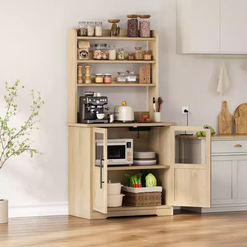 6-Tier Farmhouse Baker's Rack with Glass Door  63 In Kitchen Pantry Hutch, Thick Countertop, Microwave Stand, Coffee Bar Organizer for Dining Room