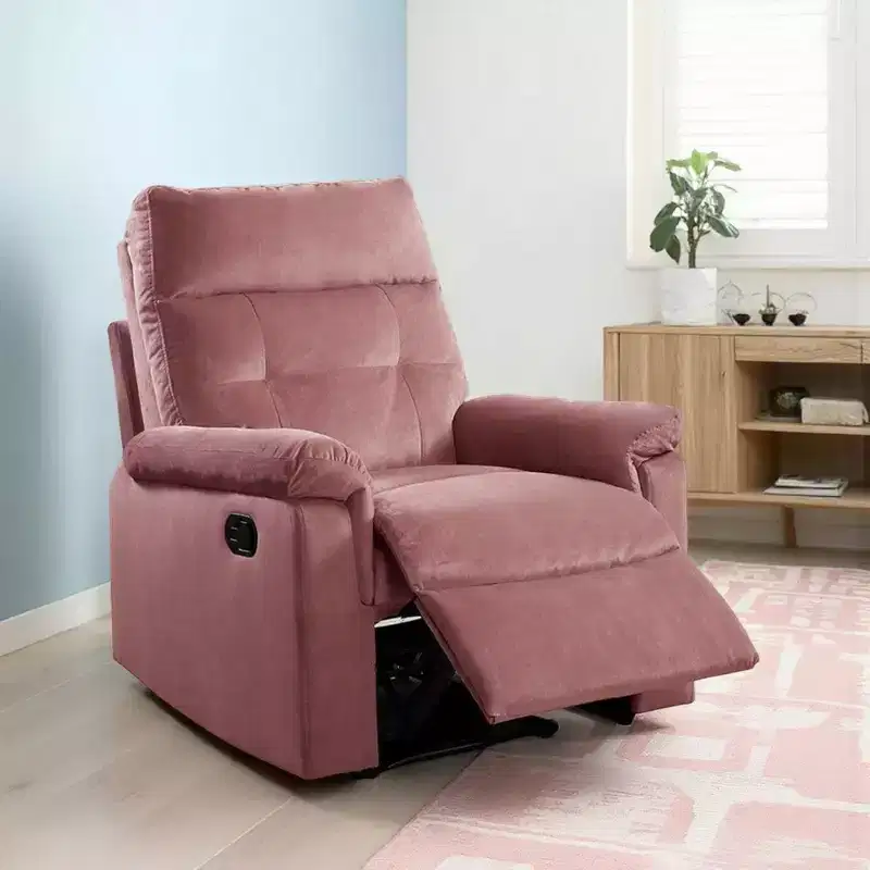 Manual Recliner Chair, Tufted Cushioned Rose Pink Velvet
