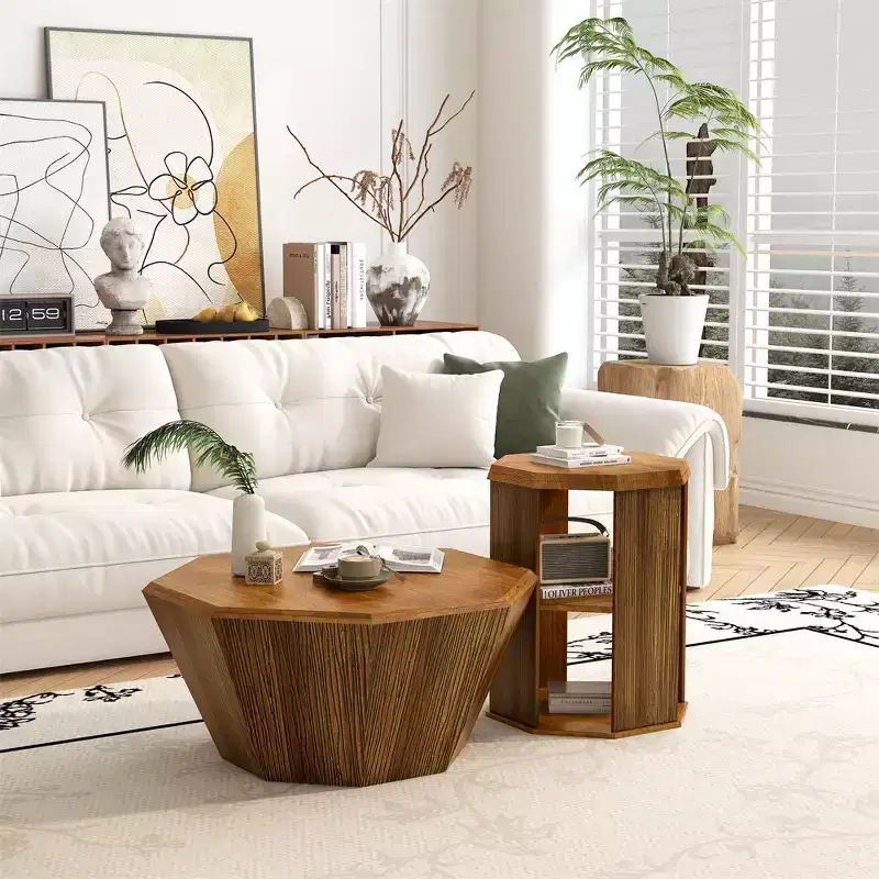 31.5 Inch Farmhouse Octagonal Coffee Table, Rubber Wood Center Table with Modern Design for Living Room and Office