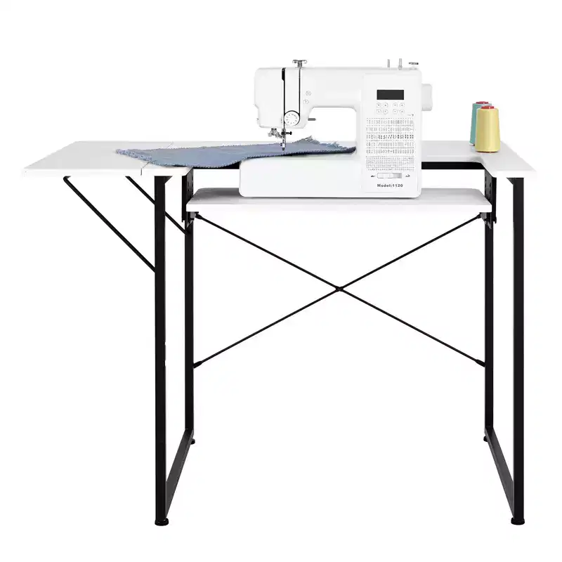 Multipurpose Sewing Table with Foldable Shelf & Steel Legs, White