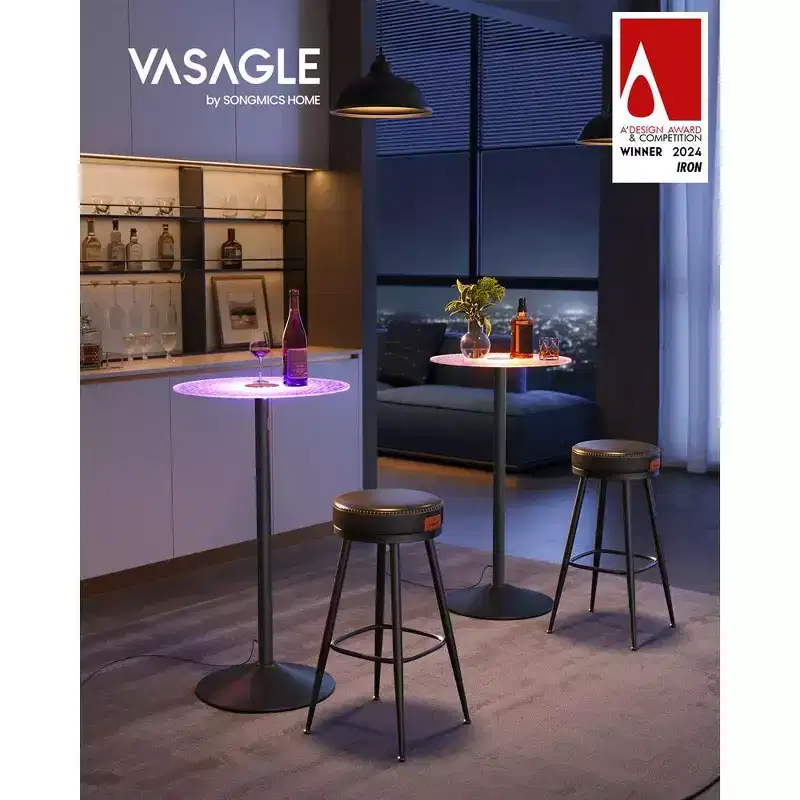 VASAGLE Bar Table, Round Cocktail Table with Glass Top, Large Steel Base, 41.3 Inches Tall Pub Table for Kitchen, Bistro