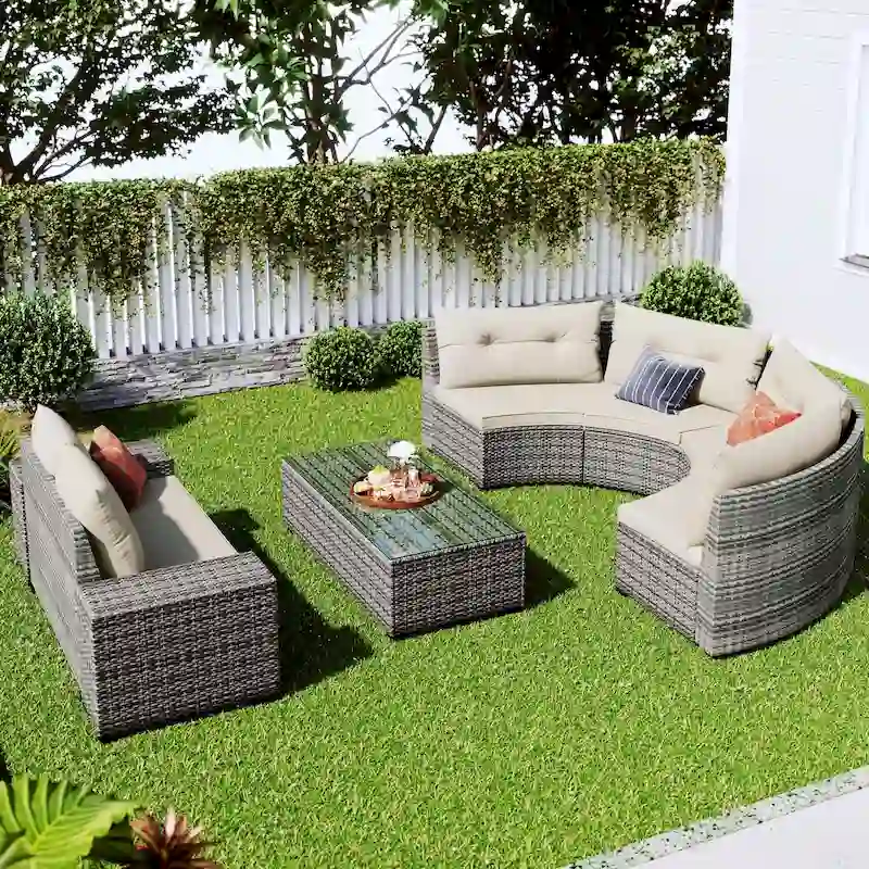 8-pieces Outdoor Wicker Round Sofa Set,Half-Moon Sectional Sets All Weather