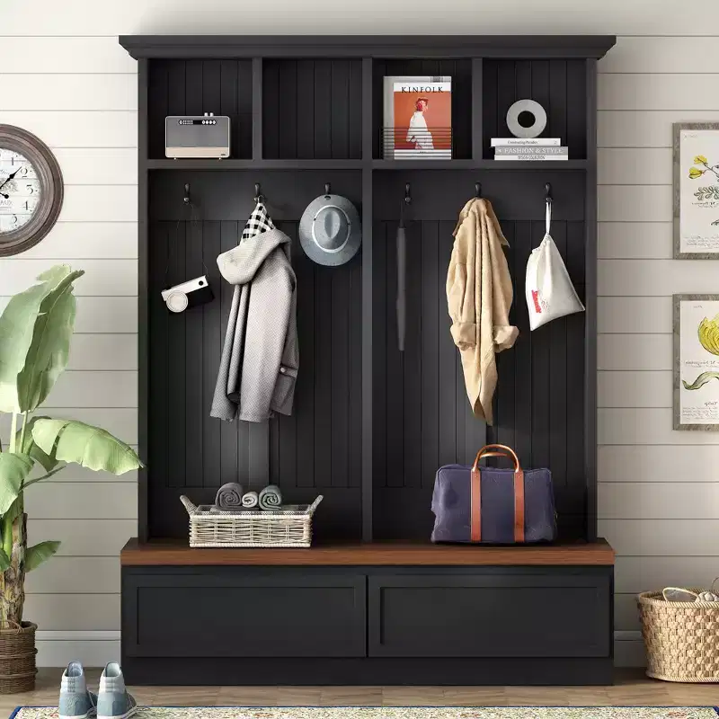 Farmhouse Hall Tree with Wood Grain Bench, Mudroom Versatile Coat Rack with 2 Large Drawer, Entrance Organizer