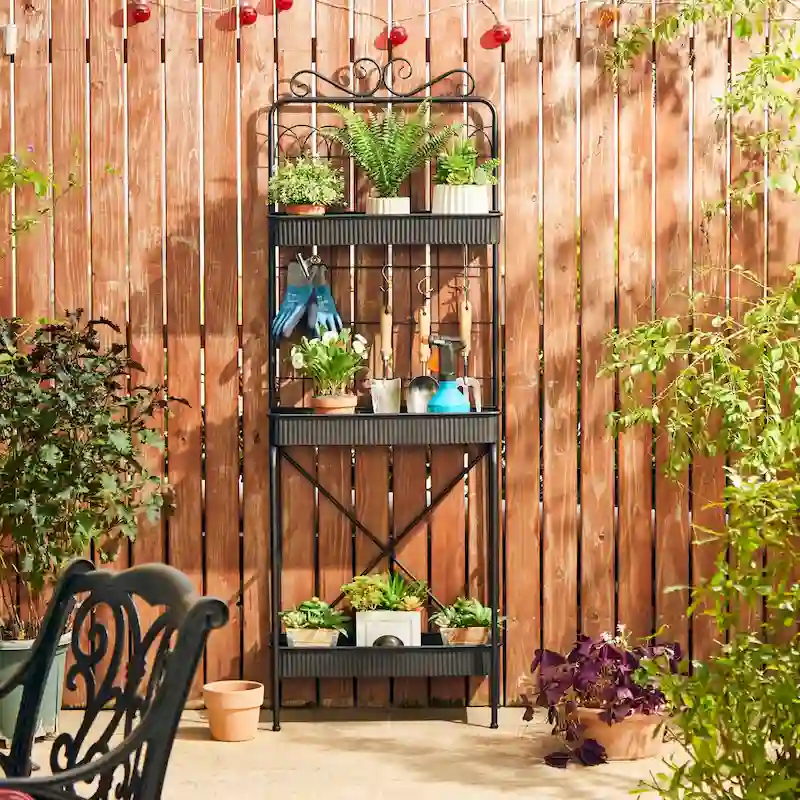 68H 3 Tier Shelving Black Metal Plant Stand Kitchen Shelf Multifunctional Storage Rack for Indoor Outdoor
