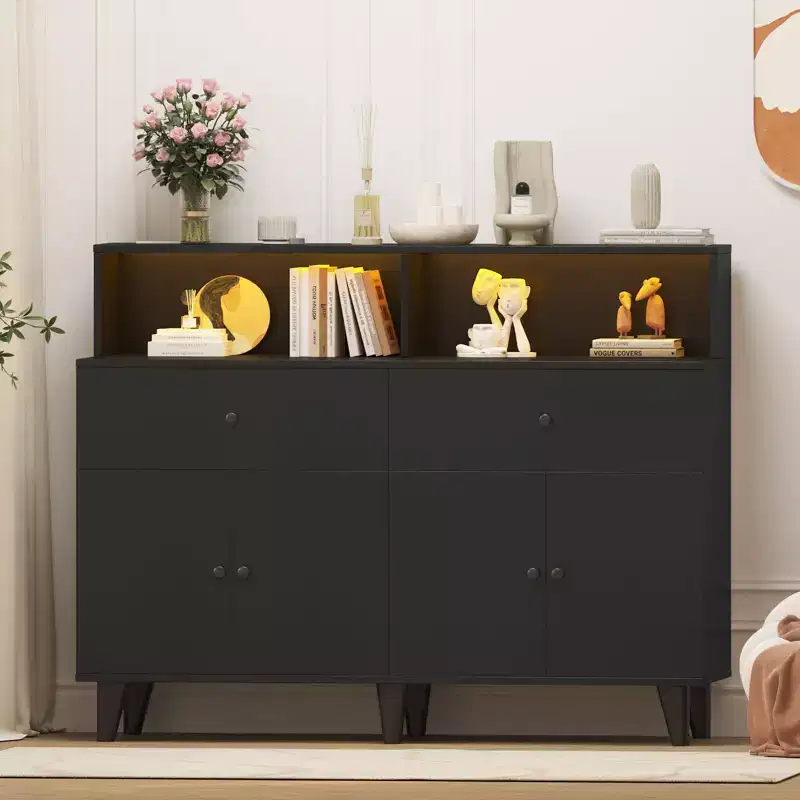51 in Storage Cabinet with Power Outlets, Wood Coffee Bar Station Table with Drawers and Adjustable Shelves
