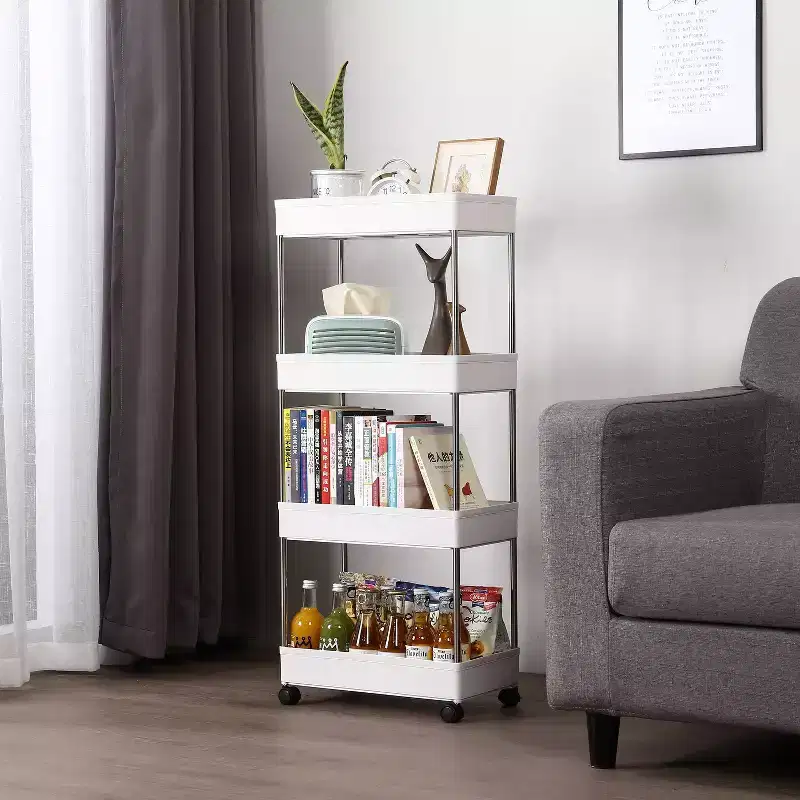 4-Layer Mobile Storage Cart – Plastic, 4 Wheels, 4 Hooks, Multi-Room Use