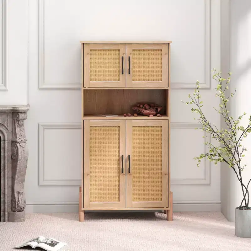 GDFStudio Malphite Mid-Century Modern 23.6'' Storage Cabinet with Woven Rattan Doors and Adjustable Shelves