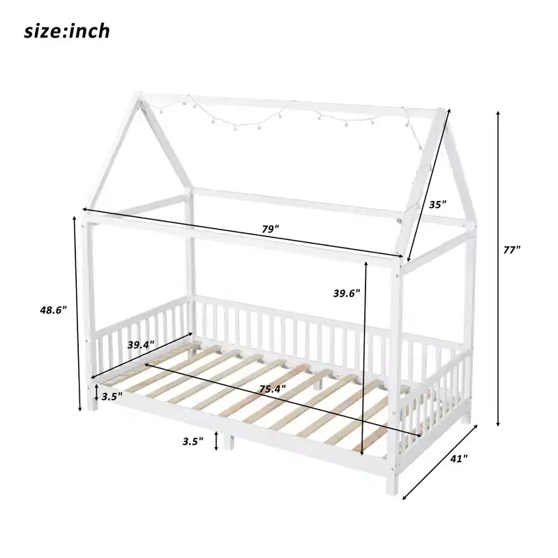 Bellemave LED Twin Size House Bed ,Montessori Floor Bed ,Wooden Bed Frame with Slats and Fence, for Girls,Boys,White