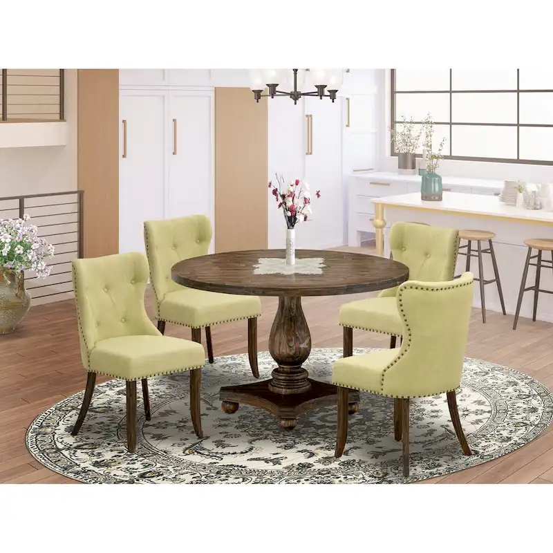 Distressed Jacobean Round Dining Table Set, Limelight Linen Chairs, 5 or 7-Piece