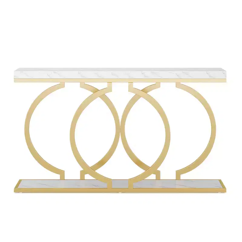MAYEERTY 55.1 Gold Console Table, Faux Marble Veneer Geometric O-Shaped Base Entryway Table