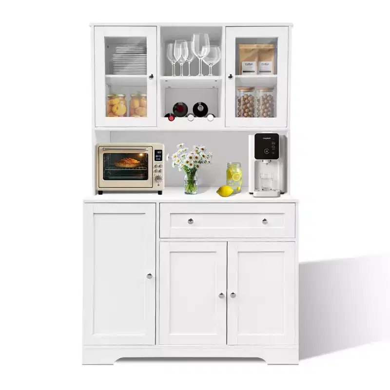 Storage Cabinet with Wine Rack, Drawers, Glass Display Doors and Microwave Shelf, Dining Room Sideboard