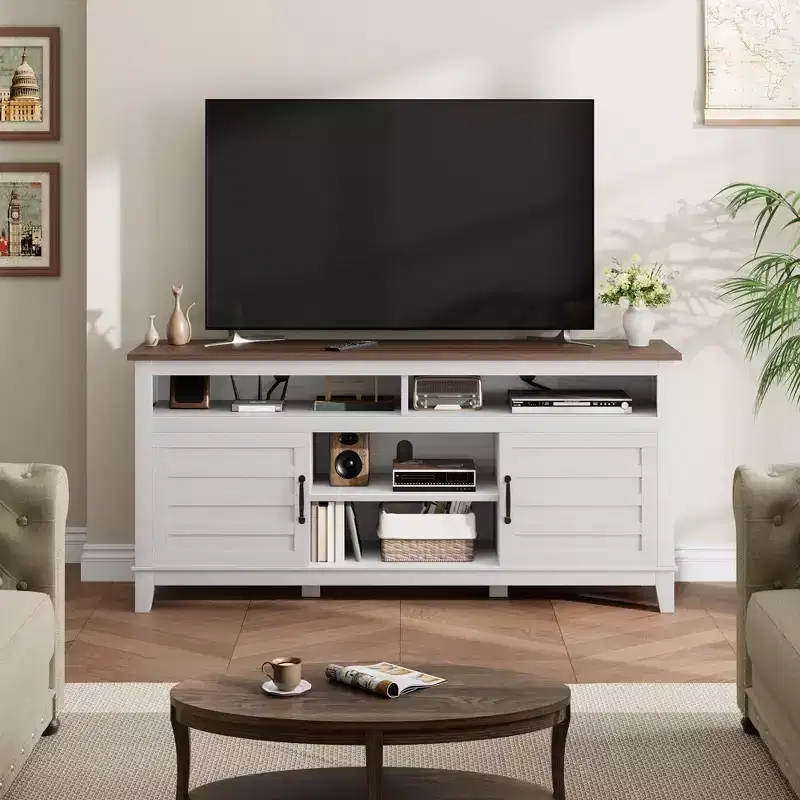 TV Stand Entertainment Center with Adjustable Shelves, Farmhouse TV Stand with Cabinet Doors,for Living Room, Bedroom