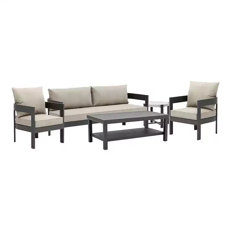 Greemotion 5pc Lotus Metal Frame Outdoor Patio Conversation Furniture Sets with Ceramic Top Side Table Black: Aluminized Finish