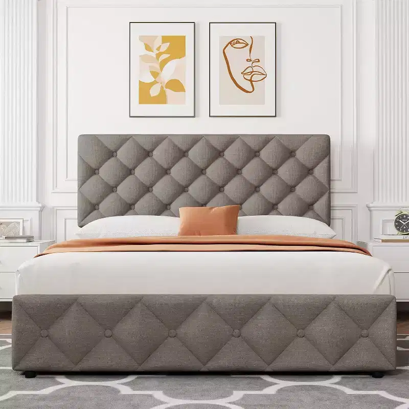 Queen Platform Bed Frame with 4 Storage Drawers, Adjustable Padded Headboard, Diamond Button Tufted Upholstery, No Box Spring Required, Gray