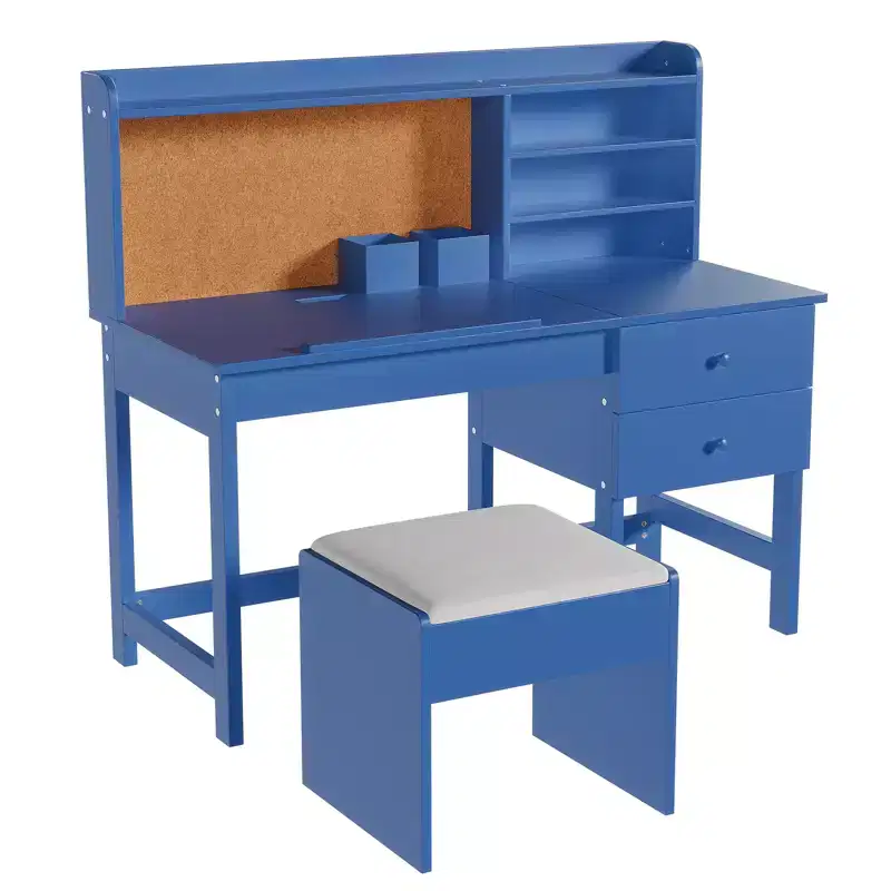 Acekool Kids Desk and Chair Set, Adjustable Tilt Study Desk with Drawers & Cork Board, for Ages 3-8, White/Pink/Blue