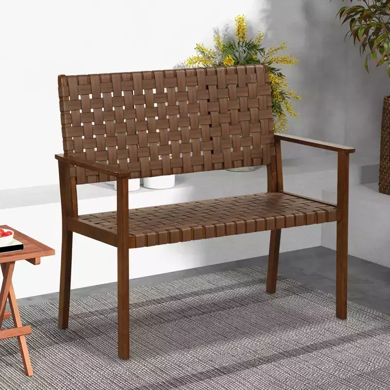 Costway Patio Loveseat All Weather Bench w/Solid Rubber Wood Frame&Hand Woven PU Leather