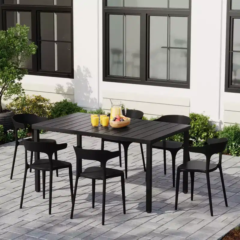 WestinTrends Playa 7-Piece Outdoor Metal Rectangle Patio Dining Table Set With Stackable Plastic Dining Chairs For 6