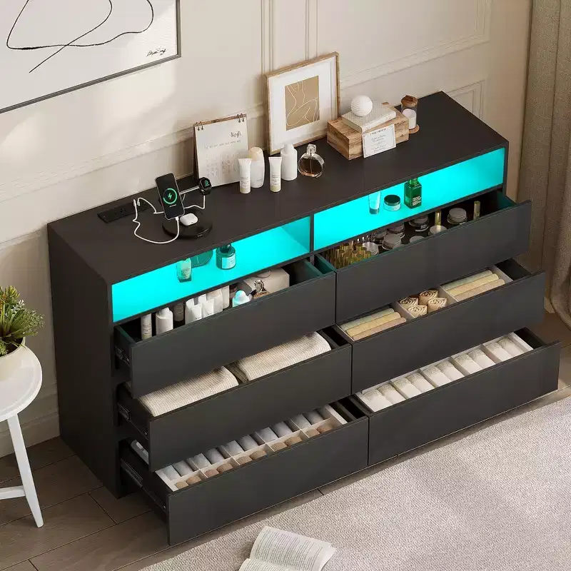 Modern 6-Drawer Dressing Table with Sliding Top, Featuring Drawers, Organizer for Bedroom, Closet, and Living Room