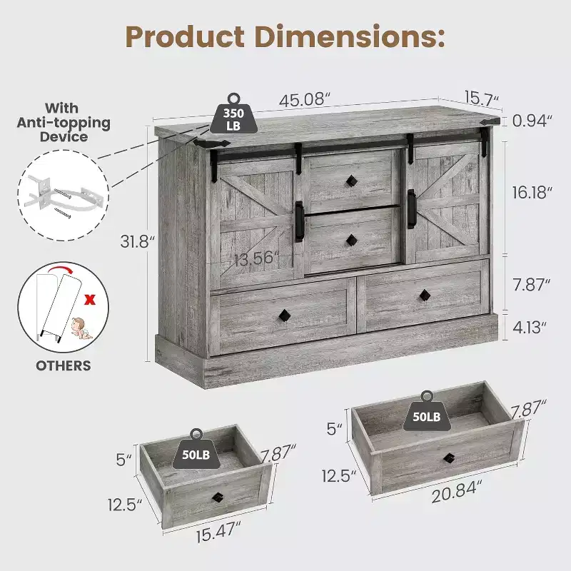 Farmhouse 4-Drawer Dresser, 45 Wood Storage Dresser with Sliding Barn Doors & Adjustable Shelves, TV Stand, Whtie