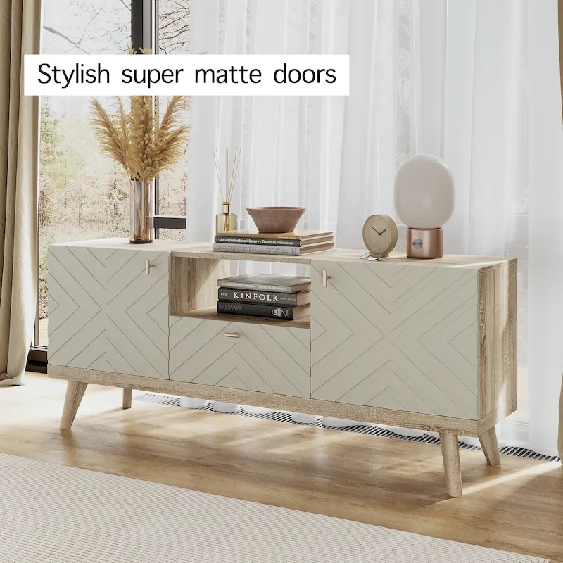 Mid-Century Modern TV Stand Console with Drawer, Beige, Fits TVs up to 65 in, Wood Legs