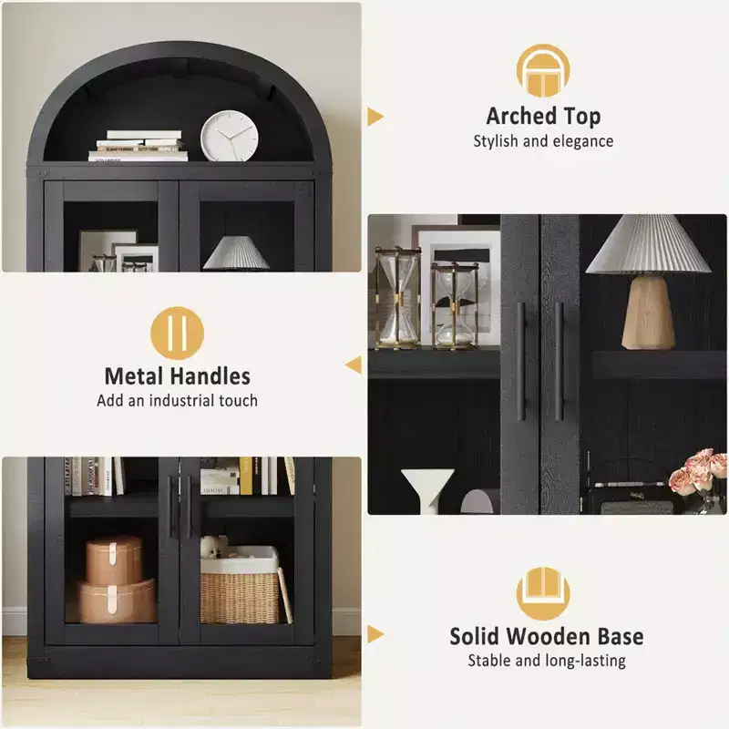Arched Bookshelf, Tall Bookcase with Doors and Drawers Farmhouse Storage Cabinet Bookshelves for Home Office, Living Room, Bedroom