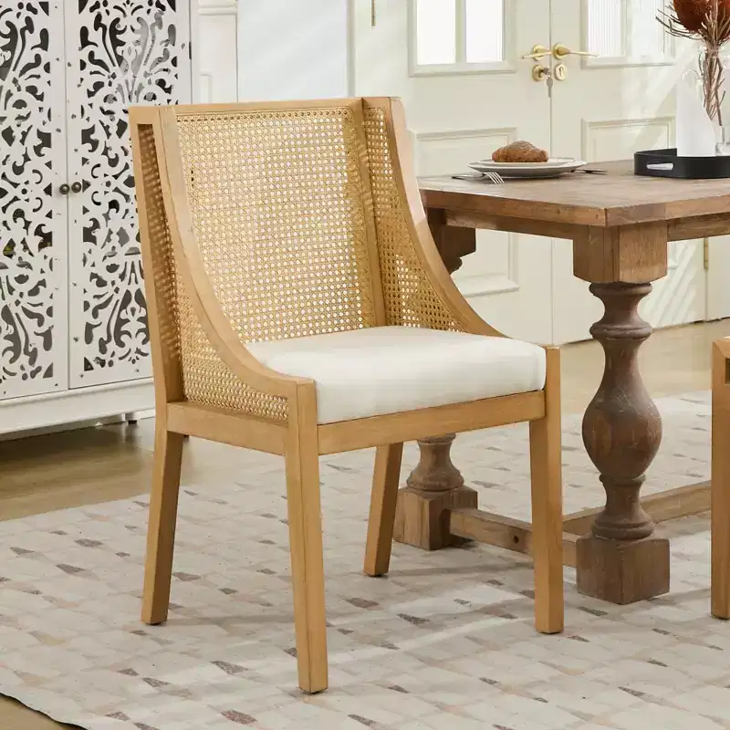 MAYEERTY Rattan Dining Chair - Solid Wood Frame, Decorative Armrests, Linen Seat, Rustic Style, Natural Finish, Single Pack