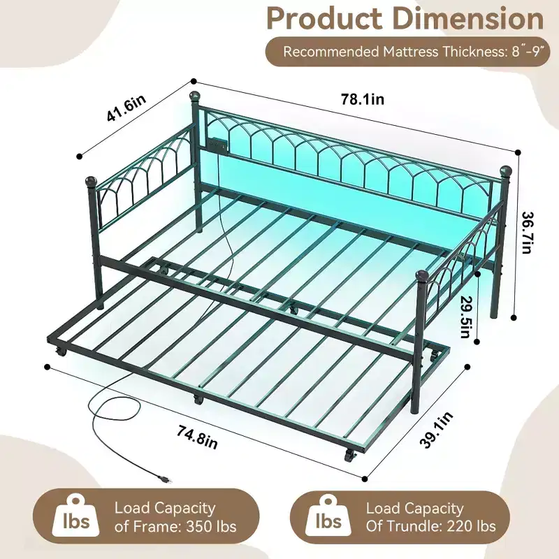 Twin Daybed with Trundle, Metal Sofa Bed Frame with Charging Station and LED Lights for Bedroom, Living Room