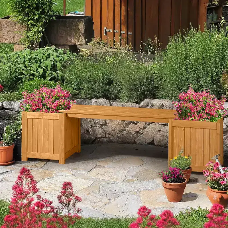 VINGLI Outdoor Wood Bench with Planter Boxes, 2-in-1 All-Weather Porch Bench Seat  Open-Ended Raised Garden Bed, for Balcony Patio (2 Boxes)