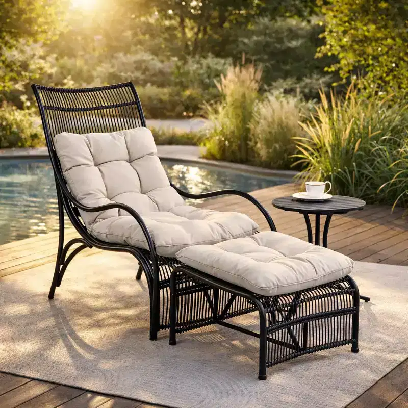 3-Piece Outdoor Patio Lounge Set with Ottoman & Side Table, Wicker Chair with Cushions for Deck, Balcony & Backyard, Natural Beige