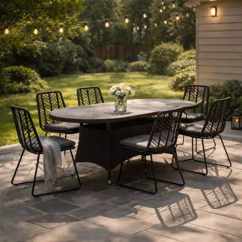 Christopher Knight Home Freya Modern 7 Piece Metal Patio Dining Set with Oval Table and PE Rattan Design