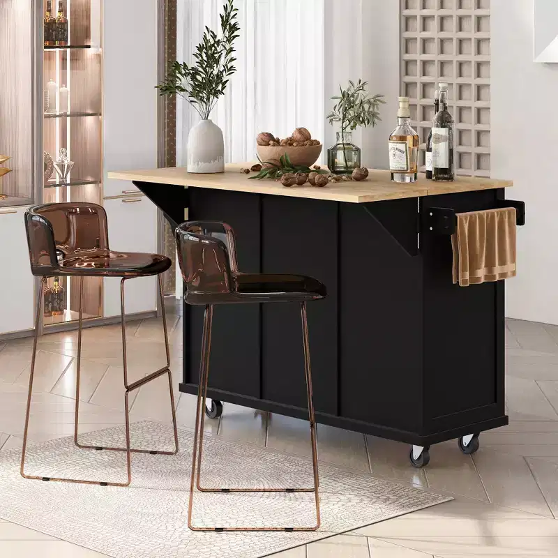 Drop-Leaf Countertop Kitchen Island, Kitchen Cart with 5 Wheels, Storage Cabinet and 3 Drawers-ModernLuxe