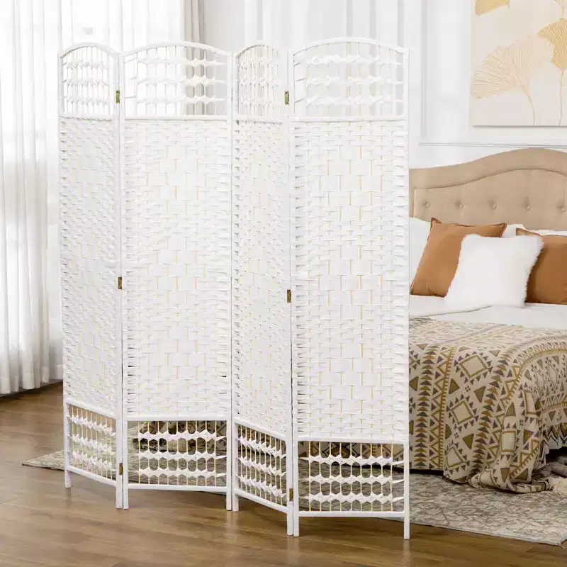 4 Panel Room Divider Folding Privacy Screen Wave Fiber Freestanding Partition Wall Divider for Home White