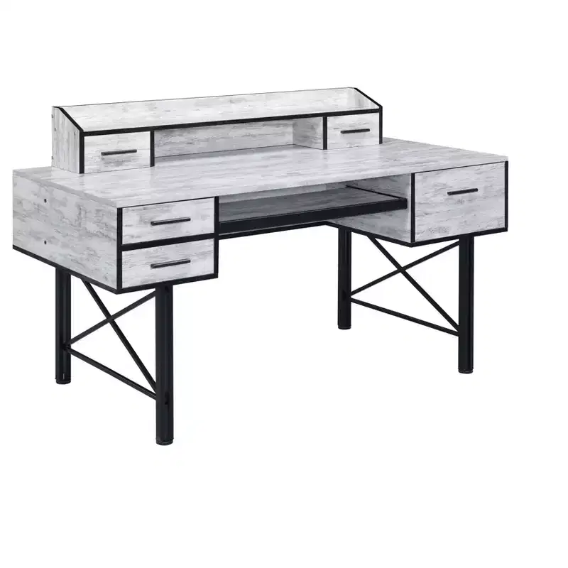 HomeRoots 59 Antiqued White and Black Computer Desk With Five Drawers