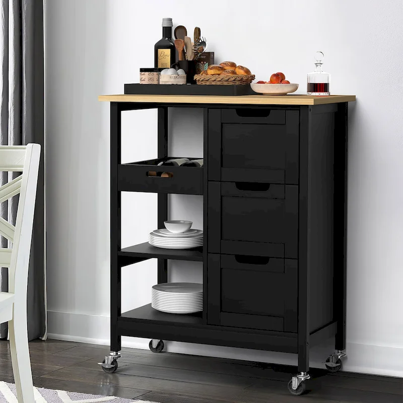 Rolling Kitchen Bar Trolley Serving Cart on Wheels with Wood Top