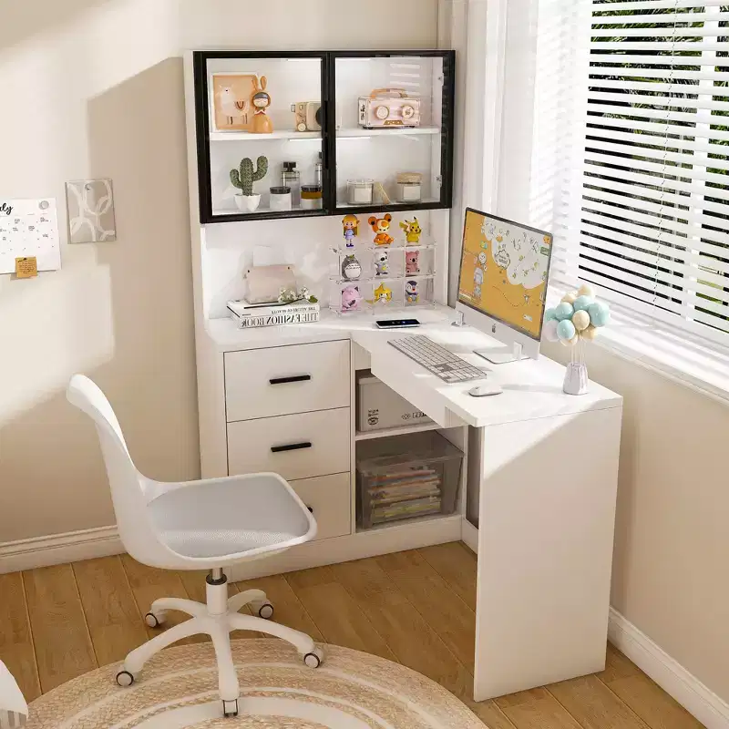 43.31IN Modern L Shaped Desk with Glass Cabinets, Corner Desk with Storage Shelves and Keyboard Tray, Computer Desk for Home, Office