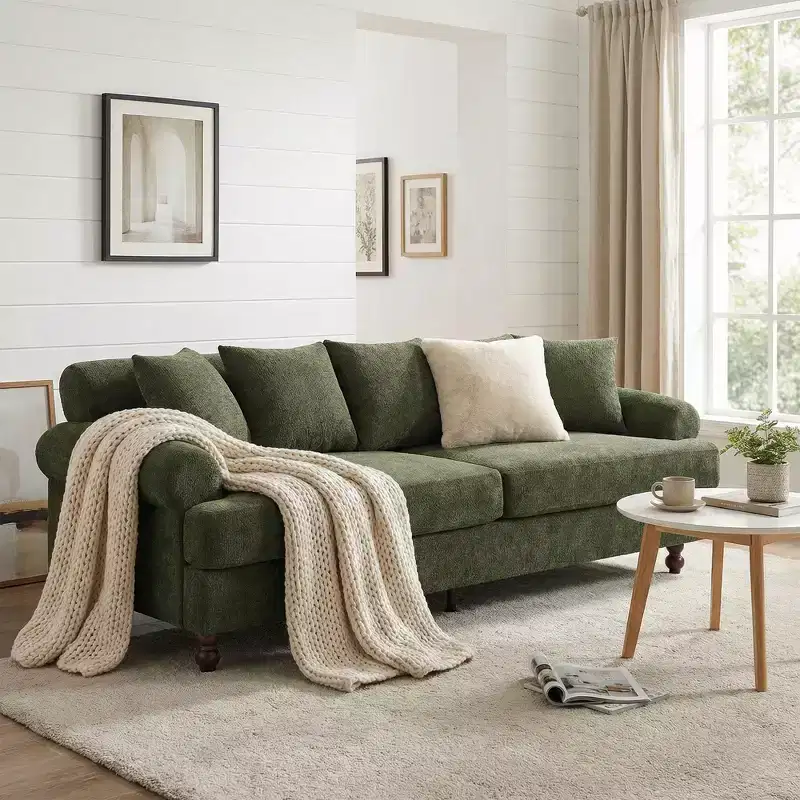 81.5 Upholstered Sofa, Chenille 3-Seater Couch with Pillows and Rubberwood Legs for Living Room, Green