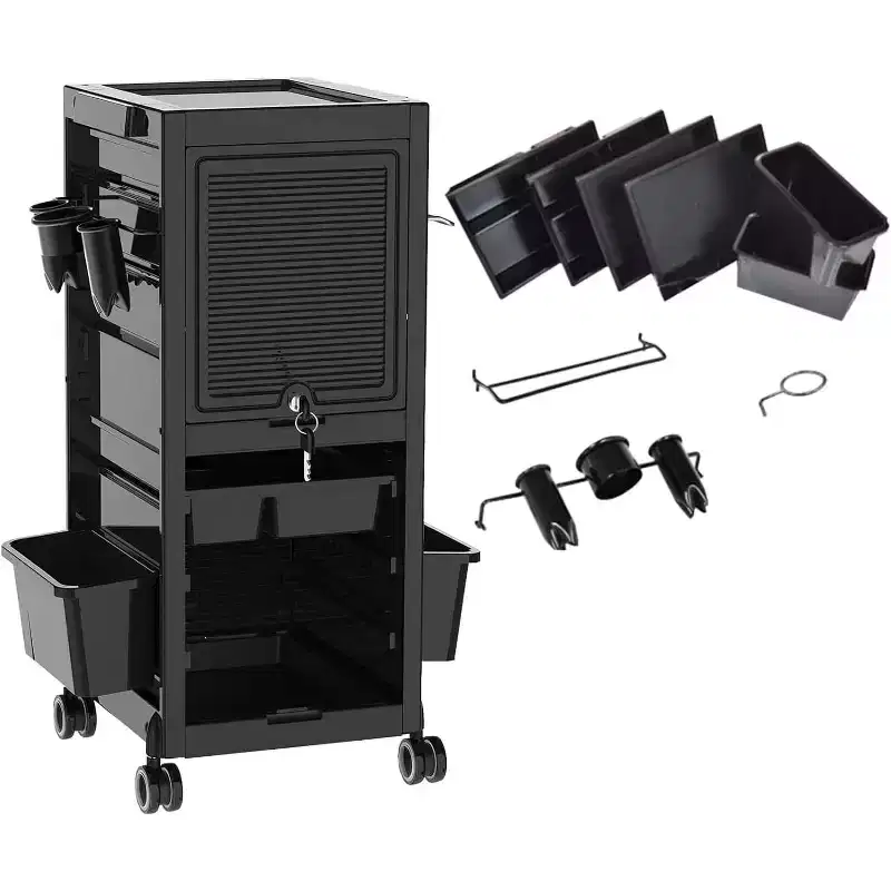 Salon Trolley Cart Lockable Rolling Cart with Wheels, Rolling Cart with Drawers, Beauty Salon Rolling Trolley Cart with 6 Trays & Tool Holders