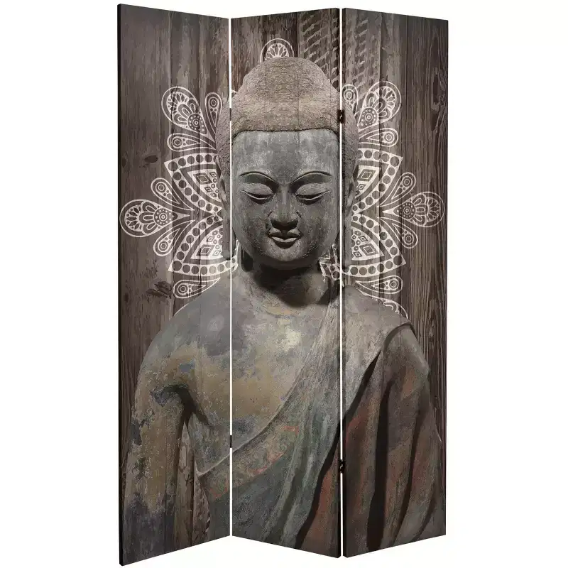 6" Double Sided Stone Buddha Canvas Room Divider Gray - Oriental Furniture: Privacy Screen, 3 Panels, No Assembly Required