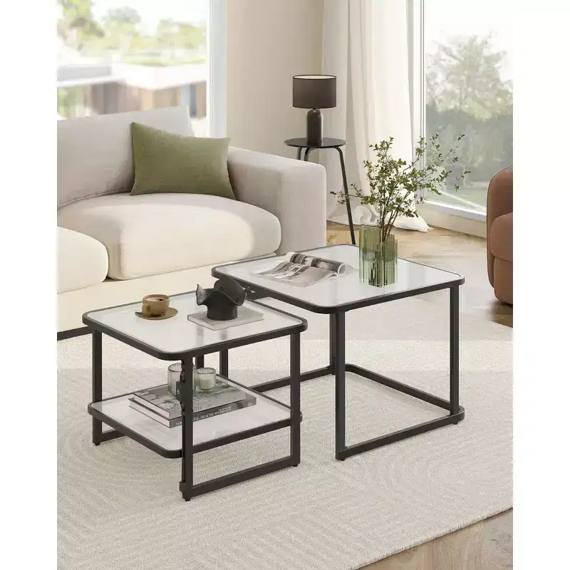 VASAGLE Nesting Coffee Table, Frosted Glass Coffee Table with LED Lights, Square Side Tables with Bottom Shelf