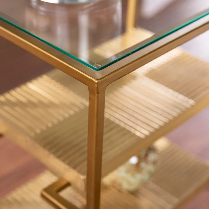 Brass Textured 3-Tier Accent Side Table with Glass Top and Open Shelves for 1 Person