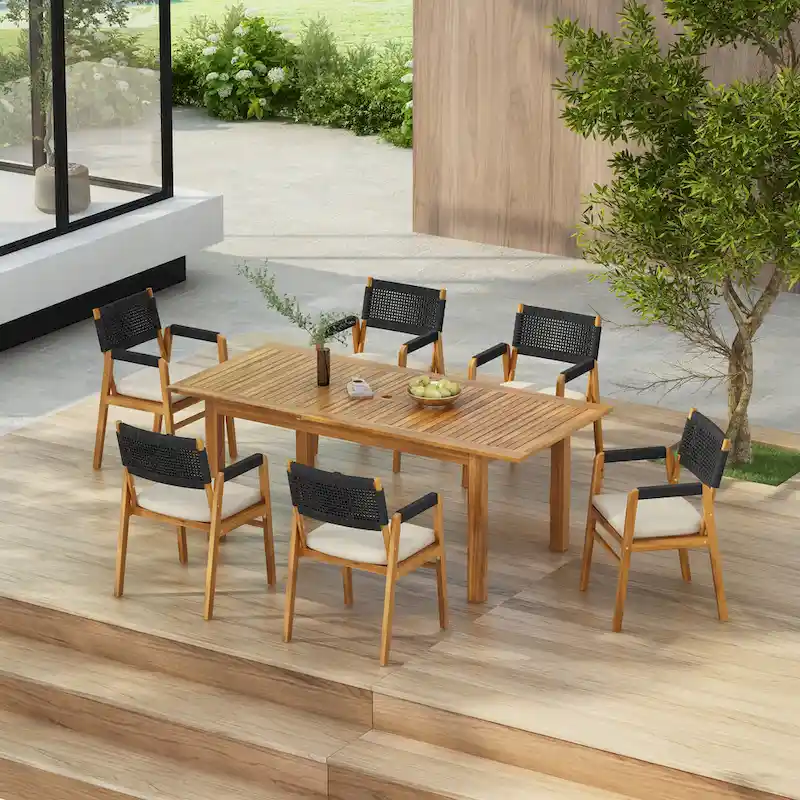 Christopher Knight Home- Ethan Outdoor 7-piece Expandable Acacia Wood Dining Set with Rope-Woven Armchairs