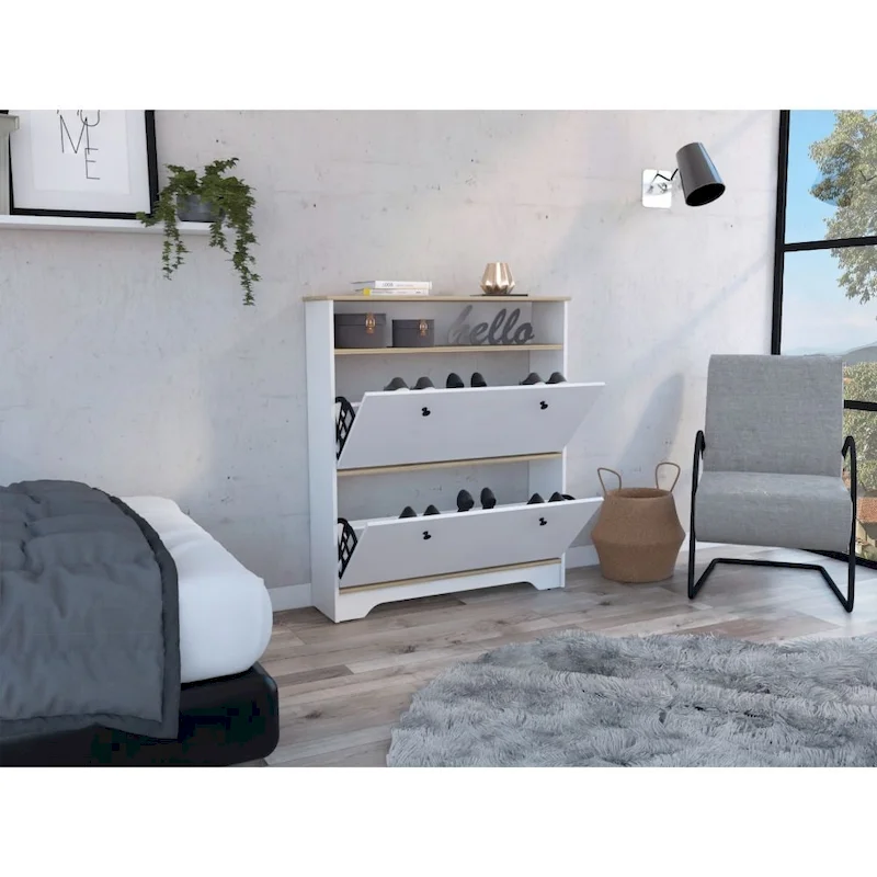 Shoe Rack , One Open Shelf, Two Extendable Cabinets
