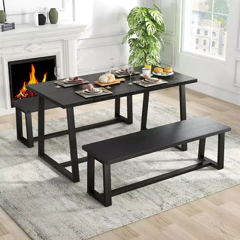 63 Large Dining Table for 4-6 People with Heavy-duty Metal Frame Modern Black/Coffee
