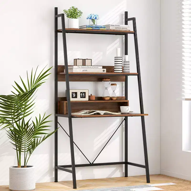 71'' High Ladder Desk with Open Shelves 3-Tier Ladder Shelf Computer Desk Brown